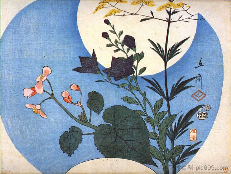 满月前的秋花 Autumn flowers in front of full moon (1853)，歌川广重