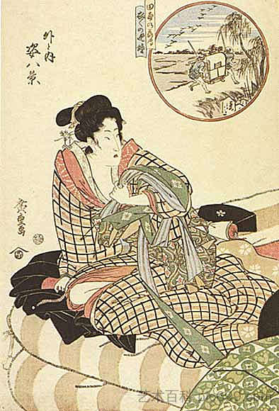 在圆圈，人物片，（户外） In circle, figure piece, (Outdoor) (1821)，歌川广重