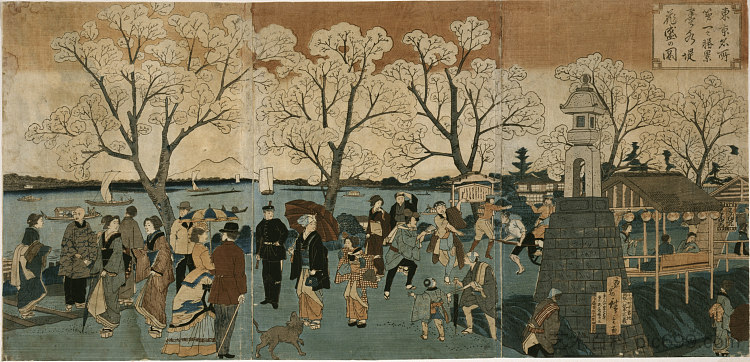 日本三联画，显示日本人和外国人沿着隅田川在盛开的樱花树中漫步 Japanese triptych print showing Japanese and foreign people walking along the Sumida River among cherry trees in full bloom，歌川广重