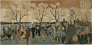 日本三联画，显示日本人和外国人沿着隅田川在盛开的樱花树中漫步 Japanese triptych print showing Japanese and foreign people walking along the Sumida River among cherry trees in full bloom，歌川广重