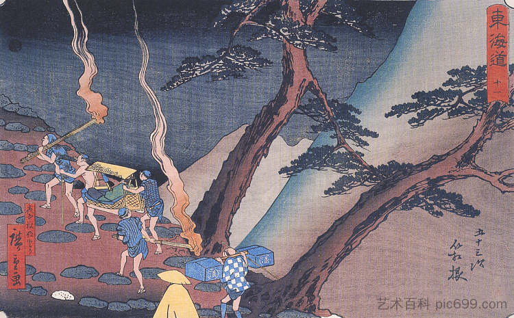 夜间山路上的旅行者 Travellers on a Mountain path at night，歌川广重