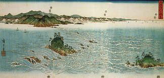 岩石海岸上的漩涡 Whirlpools on a rocky coast，歌川广重