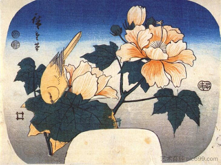 黄鸟和棉花玫瑰 Yellow bird and cotton rose (1852)，歌川广重