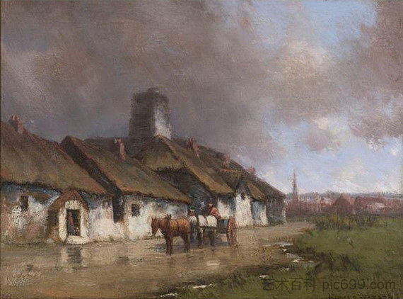 马和马车与暴风雨天空下的小屋 Horse and Cart With Cottage Under Stormy Sky，荷马沃森