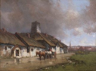 马和马车与暴风雨天空下的小屋 Horse and Cart With Cottage Under Stormy Sky，荷马沃森
