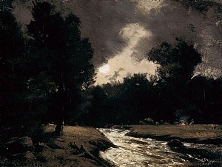 月光下的湍急溪流 Rushing Stream by Moonlight (1905)，荷马沃森