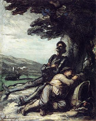 堂吉诃德和桑丘潘萨在树下休息 Don Quixote and Sancho Pansa Having a Rest under a Tree (c.1855)，奥诺雷·杜米埃