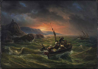 日出时战斗的海盗 Pirates Fighting at Sunrise (1818)，贺拉斯·贝内特