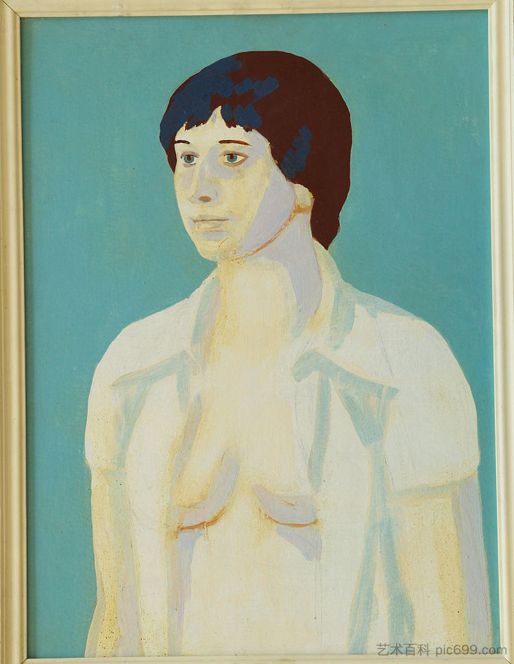 女性肖像（蓝色背景，腰部向上） Female Portrait (Against Blue Background, Waist-Up) (c.1969 - c.1970)，赫里霍里·哈夫里连科