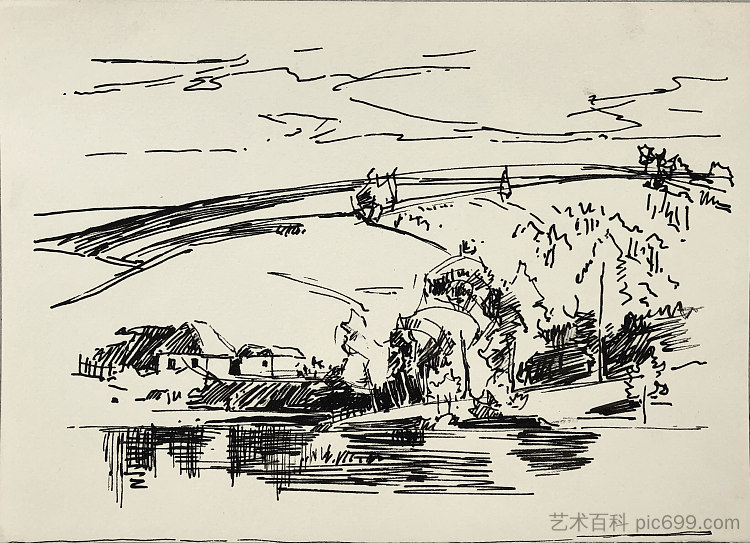 水面上的房屋。斯特布利夫(? Houses above the water. Stebliv (?) (c.1956),赫里霍里·哈夫里连科