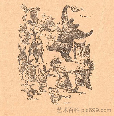 米哈伊尔·斯特尔马赫(Mikhail Stelmakh)的书《刺猬的风车里》(In the Hedgehog's Windmill)的插图 Illustration for Mikhail Stelmakh's book 'In the Hedgehog's Windmill' (1956),赫里霍里·哈夫里连科