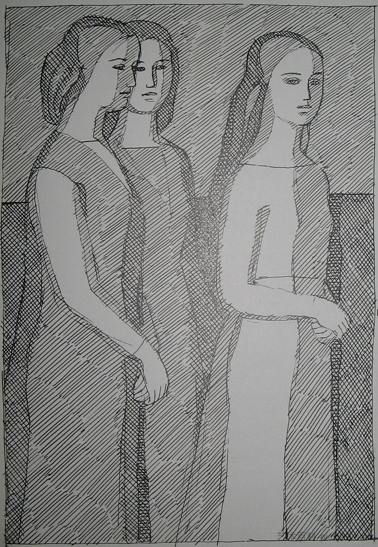 比阿特丽斯和女朋友。但丁·阿利吉耶里的著作《Vita Nova》的插图 Beatrice With Girlfriends. Illustration to Dante Alighieri's Book 'Vita Nova' (1964),赫里霍里·哈夫里连科