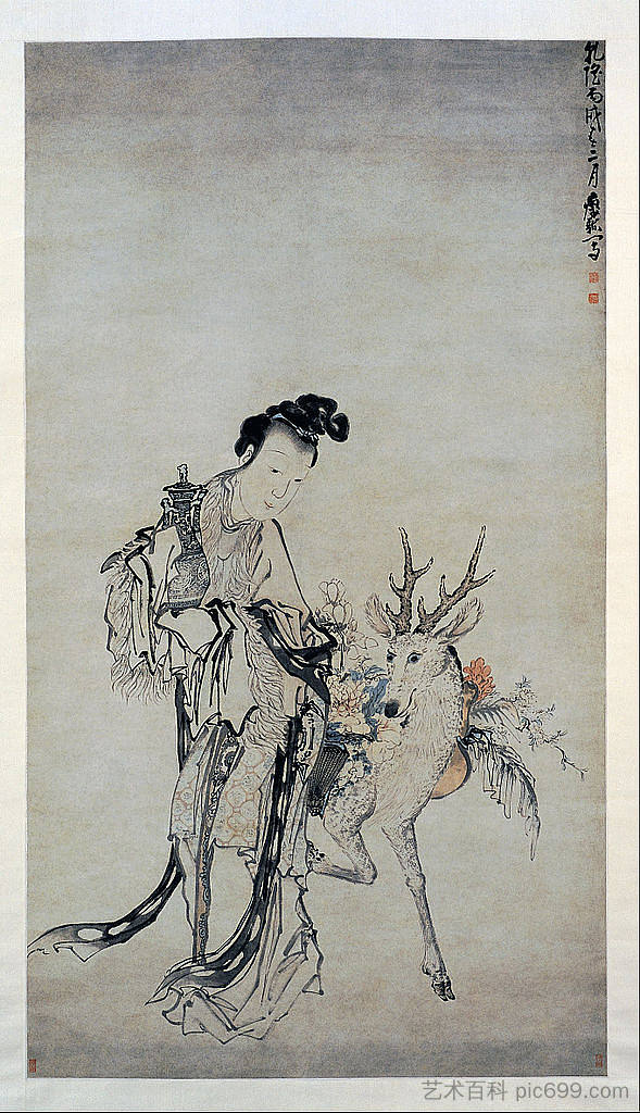 拿着花瓶的马古，带着一只鹿 Ma-gu Holding a Vase, with a Deer (1766)，黄申