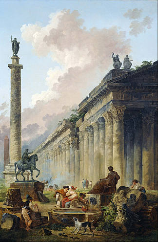 罗马的想象景色与马库斯·奥勒留的骑马雕像，图拉真柱和一座神庙 Imaginary View of Rome with Equestrian Statue of Marcus Aurelius, the Column of Trajan and a Temple (1786)，休伯特·罗伯特