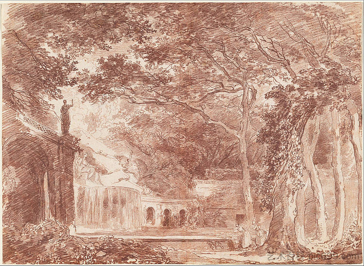 蒂沃利埃斯特别墅花园中的椭圆形喷泉 The Oval Fountain in the Gardens of the Villa d'Este, Tivoli (1760)，休伯特·罗伯特