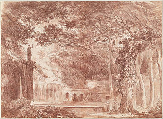 蒂沃利埃斯特别墅花园中的椭圆形喷泉 The Oval Fountain in the Gardens of the Villa d’Este, Tivoli (1760)，休伯特·罗伯特