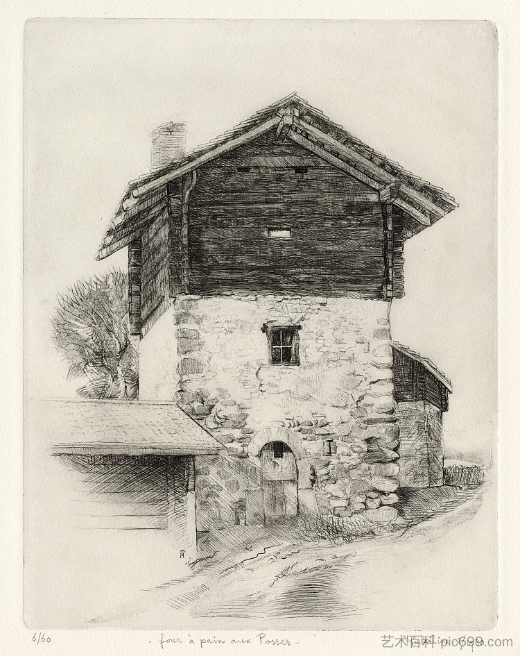 四个 à pain aux posses - 沃州山间谷仓的蚀刻版画 Four à pain aux Posses - etching print of a mountain barn in canton Vaud (1980; Switzerland  )，胡伯廷海耶曼