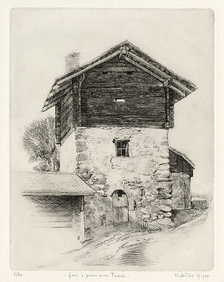 四个 à pain aux posses – 沃州山间谷仓的蚀刻版画 Four à pain aux Posses – etching print of a mountain barn in canton Vaud (1980; Switzerland                     )，胡伯廷海耶曼