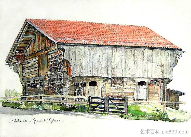 格伦德和格施塔德之间的大型木制谷仓，位于瑞士伯尔尼高地 Large wooden barn between Grund and Gstaad, in the Berner Oberland, Switzerland (1980; Gstaad,Switzerland  )，胡伯廷海耶曼