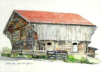 格伦德和格施塔德之间的大型木制谷仓，位于瑞士伯尔尼高地 Large wooden barn between Grund and Gstaad, in the Berner Oberland, Switzerland (1980; Gstaad,Switzerland                     )，胡伯廷海耶曼