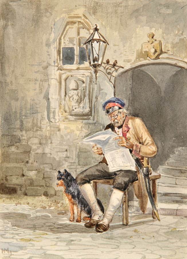 保安在楼梯上看报纸 Security guard reading newspaper at the staircase (1879)，雨果·穆利格