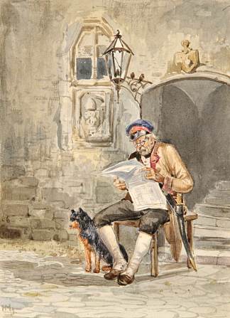 保安在楼梯上看报纸 Security guard reading newspaper at the staircase (1879)，雨果·穆利格