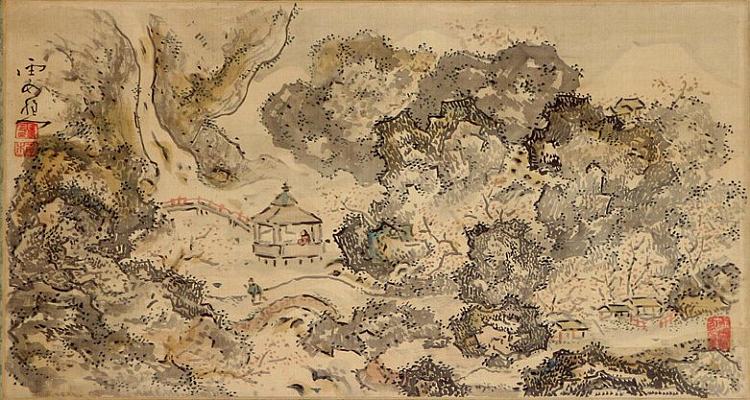 景观与亭子，悬挂卷轴 Landscape with Pavilion, Hanging Scroll (1750)，池大雅