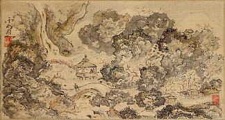 景观与亭子，悬挂卷轴 Landscape with Pavilion, Hanging Scroll (1750)，池大雅