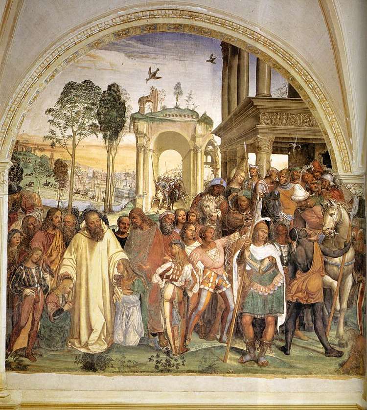 圣本尼迪克特的一生，场景12。本尼迪克特接待毛鲁斯和普莱西德斯 Life of St Benedict, Scene 12. Benedict Receives Maurus and Placidus (1505 - 1508)，索杜玛