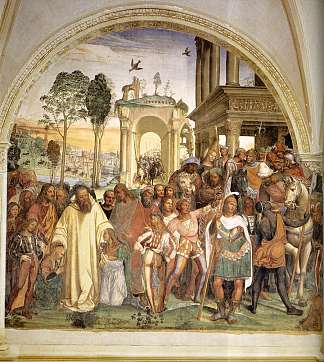圣本尼迪克特的一生，场景12。本尼迪克特接待毛鲁斯和普莱西德斯 Life of St Benedict, Scene 12. Benedict Receives Maurus and Placidus (1505 – 1508)，索杜玛