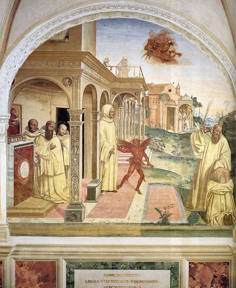 圣本尼迪克特的生平，场景13。本尼迪克特释放了一名僧侣 Life of St Benedict, Scene 13. Benedict Frees a Monk (1505 - 1508)，索杜玛