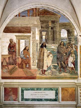圣本尼迪克特的生平，场景3。本尼迪克特通过祈祷修复破损的漏勺 Life of St Benedict, Scene 3. Benedict Repairs a Broken Colander Through Prayer (1505 – 1508)，索杜玛
