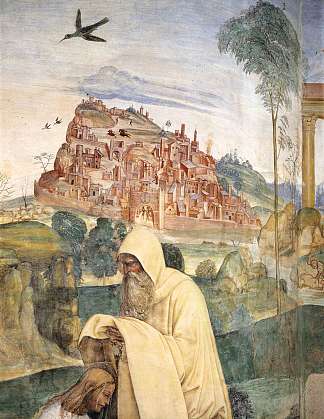 圣本尼迪克特的生平，场景4.僧侣罗曼努斯为本尼迪克特穿衣服（局部） Life of St Benedict, Scene 4.The Monk Romanus Dresses Benedict (detail) (1505 – 1508)，索杜玛