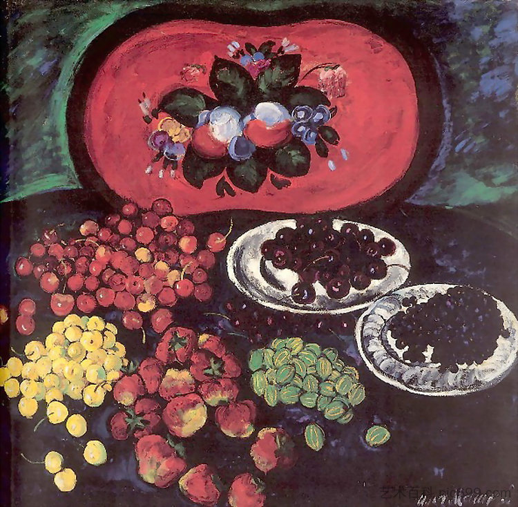 红色托盘背景上的浆果 Berries on the background of a red tray (1908)，伊利亚·马什科娃