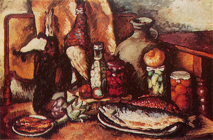 野味，鱼，泡菜（野鸡静物） Game, fish, pickles (Still Life with pheasant) (1915 - 1916)，伊利亚·马什科娃