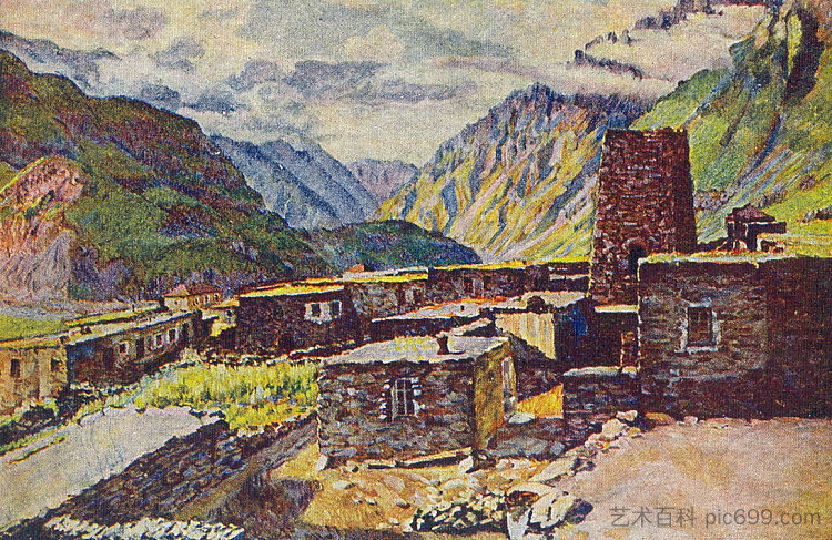 格鲁吉亚。卡兹别克。达里尔峡谷的景色 Georgia. Kazbek. View of the gorge Darial (c.1920)，伊利亚·马什科娃