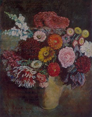 深色背景上的杂色花束 Motley bouquet on a dark background (1936)，伊利亚·马什科娃