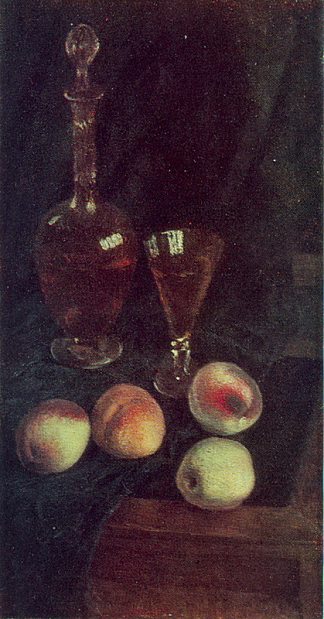 静物画。滗水器和桃子 Still Life. Decanter and peaches (c.1930)，伊利亚·马什科娃