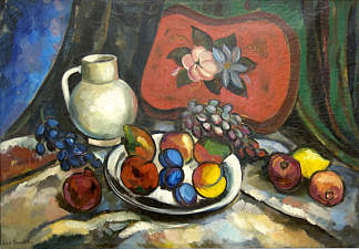 静物与托盘，白壶和水果 Still Life with a tray, white jug and fruit (1910)，伊利亚·马什科娃