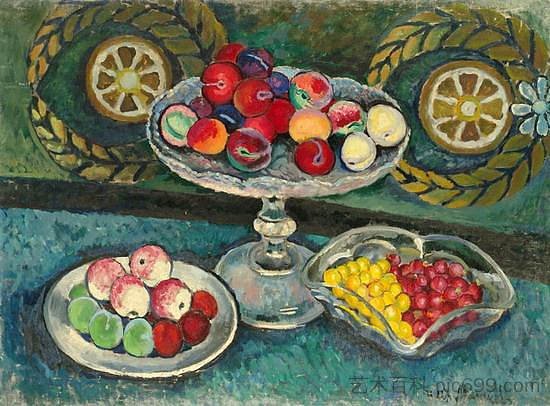 静物与花圈，苹果和李子 Still life with wreaths, apples and plums (1912 - 1914)，伊利亚·马什科娃