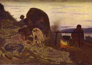 篝火旁的驳船运输车 Barge Haulers by Campfire (1870)，伊利亚·叶菲莫维奇·列宾