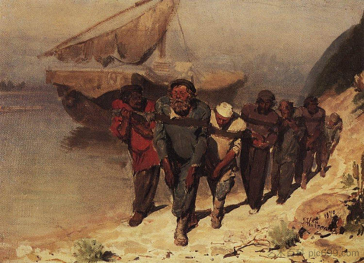 伏尔加河上的驳船运输车 Barge Haulers on the Volga (1870)，伊利亚·叶菲莫维奇·列宾