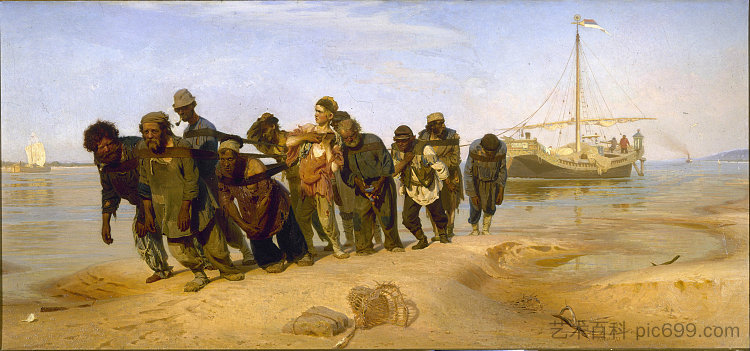 伏尔加河上的驳船运输车 Barge Haulers on the Volga (1870 - 1873; Russian Federation  )，伊利亚·叶菲莫维奇·列宾