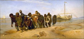 伏尔加河上的驳船运输车 Barge Haulers on the Volga (1870 – 1873; Russian Federation                     )，伊利亚·叶菲莫维奇·列宾