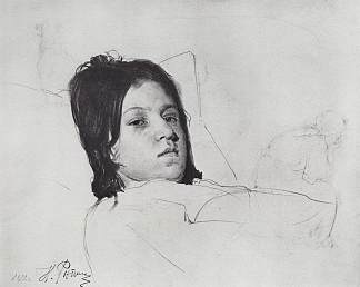 女人的头（V.A.雷皮娜躺在床上） Woman’s Head (V.A. Repina lying in bed) (1872)，伊利亚·叶菲莫维奇·列宾