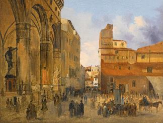 佛罗伦萨，领主广场的景色，左侧是兰齐凉廊 Florence, a View of the Piazza Della Signoria with the Loggia Dei Lanzi at Left，伊波里托·凯菲