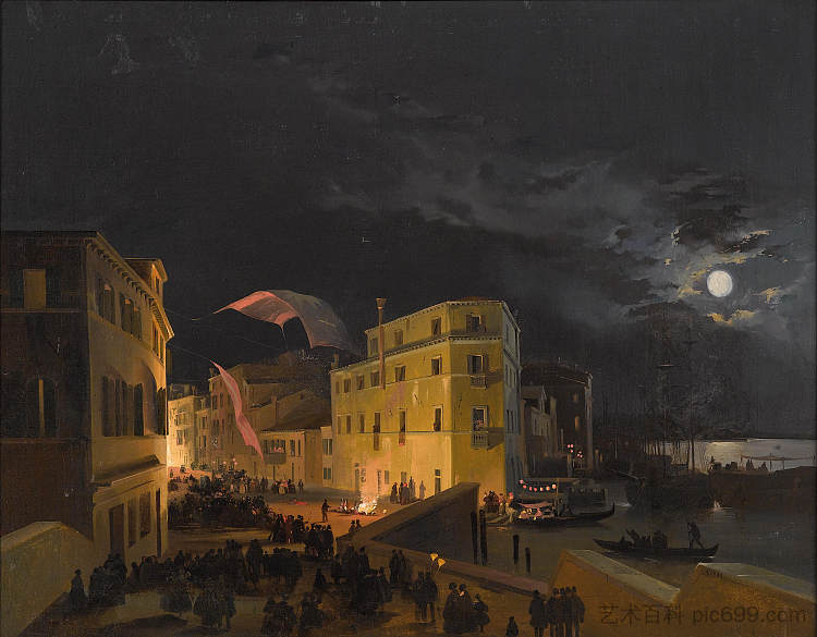 威尼斯,尤金尼亚大街(今天的加里波第大街)的夜间庆祝活动 Venice, Nocturnal Festivities on the Via Eugenia (today Via Garibaldi) (1839 - 1840; Venice,Italy ),伊波里托·凯菲