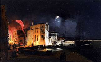 威尼斯尤金妮亚大街的夜间庆祝活动 Nocturnal Celebrations in Via Eugenia at Venice (1840; Venice,Italy                     )，伊波里托·凯菲