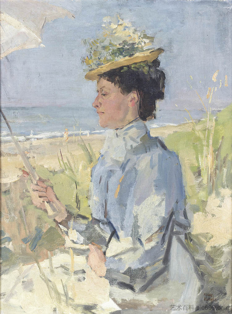 在海滩 - 玛莎·所罗门的肖像 At the Beach - Portrait of Martha Salomon，以撒·以色列