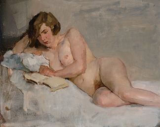 裸体躺在床上（Sjaantje van Ingen） Reclining nude on a bed (Sjaantje van Ingen) (c.1900)，以撒·以色列